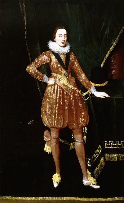 Portrait du roi Charles Ier en tant que prince de Galles, en pleine longueur, devant un drapé en velours vert, portant l