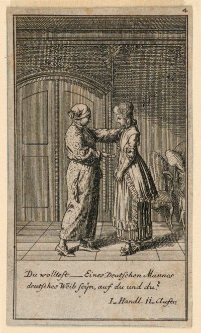 Un père ou tuteur parlant à une fille, illustration de la pièce "Nicht mehr als sachs Schuesseln" de Fredrich Wilhelm Grossman dans "Königl: Grosbrit [anische] Genealogischer Kalender auf das 1782 Jahr Lauenberg bey J.G. Berenberg" - Daniel Nikolaus Chodowiecki