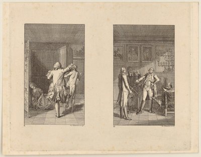 Le baron chasse Candide hors du château [à gauche] ; Candide, Cunégonde et la vieille femme devant le gouverneur de Buenos Aires [à droite] - Daniel Nikolaus Chodowiecki