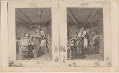 Ludwig fait vivre péniblement sa famille grâce à son travail [à gauche] ; Le père retourne auprès de sa famille enrichi de trésors [à droite] - Daniel Nikolaus Chodowiecki