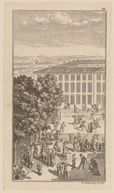 Bâtiment du séminaire, avec exercices de gymnastique et travaux de jardinage devant - Daniel Nikolaus Chodowiecki