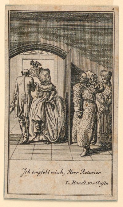 Le couple âgé terminant fièrement une visite, illustration de la pièce "Nicht mehr als sachs Schuesseln" par Fredrich Wilhelm Grossman dans "Königl: Grosbrit [anische] Genealogischer Kalender auf das 1782 Jahr Lauenberg bey J.G. Berenberg" - Daniel Nikolaus Chodowiecki