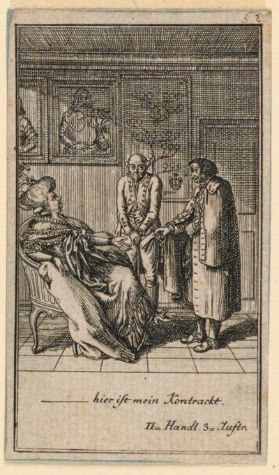 La vieille femme engage un homme, Illustration de la pièce "Nicht mehr als sachs Schuesseln" par Fredrich Wilhelm Grossman dans "Königl: Grosbrit [anische] Genealogischer Kalender auf das 1782 Jahr Lauenberg bey J.G. Berenberg" - Daniel Nikolaus Chodowiecki