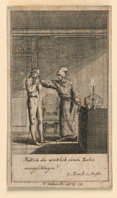 La gifle, illustration de la pièce "Nicht mehr als sachs Schuesseln" par Fredrich Wilhelm Grossman dans "Königl: Grosbrit [anische] Genealogischer Kalender auf das 1782 Jahr Lauenberg bey J.G. Berenberg" - Daniel Nikolaus Chodowiecki