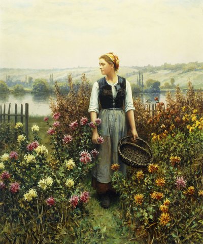 Fille avec un panier dans un jardin - Daniel Ridgway Knight