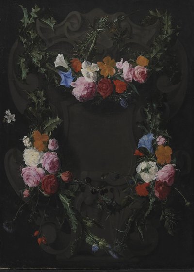 Cartouche en pierre avec une guirlande de fleurs - Daniel Seghers
