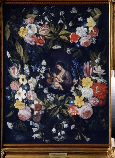 Couronne de fleurs avec la Vierge et l