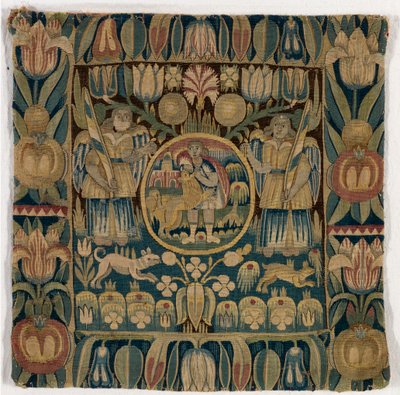Coussin de tapisserie représentant Samson tuant le lion, fabriqué au Schleswig-Holstein, Danemark, vers 1615 - Danish School