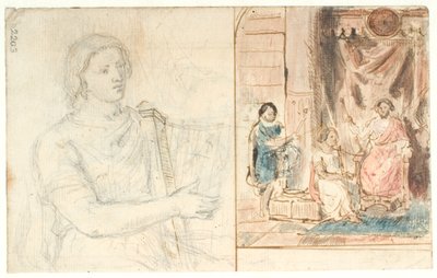 David jouant de la harpe pour Saul. À gauche : esquisse de la figure de David - Dankvart Dreyer