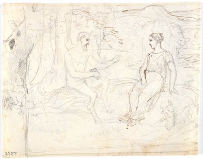 Un satyre avec une flûte et une jeune fille, assis dans une forêt - Dankvart Dreyer