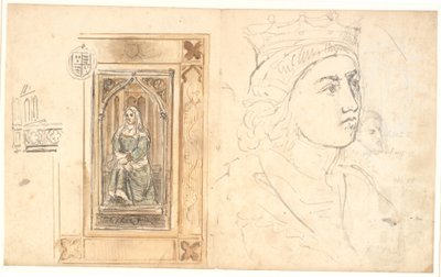 Une figure féminine assise, placée dans un encadrement gothique. Une tête couronnée, etc. - Dankvart Dreyer