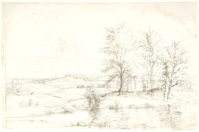 Vue sur un paysage forestier vallonné. Au premier plan, un lac - Dankvart Dreyer