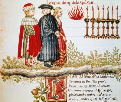 Virgile, Dante et Matelda, Purgatoire, Chant XXIX, page illuminée de la Divine Comédie - Dante Alighieri