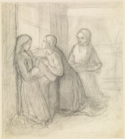 (Probablement) Sainte Elisabeth de Hongrie agenouillée avec ses compagnons Isentrudis et Guta - Dante Gabriel Charles Rossetti