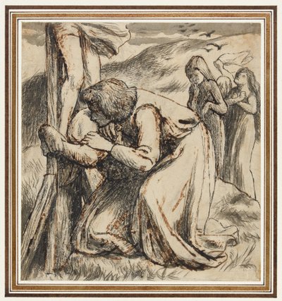 Jean réconfortant la Vierge au pied de la croix, vers 1857-58 (plume, encre de Chine et lavis sépia sur papier) - Dante Gabriel Charles Rossetti