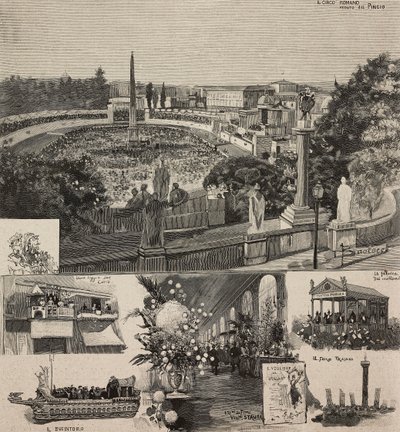 Festival de carnaval sur la Piazza del Popolo vu de la colline du Pincio, Rome, Italie, gravure d