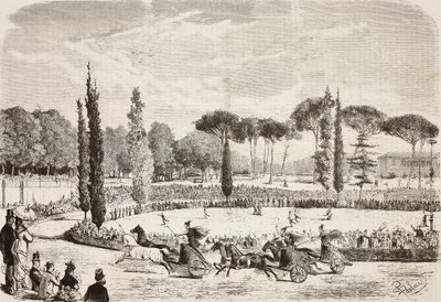 Courses de chars à la Villa Borghese, Rome, Italie, gravure d