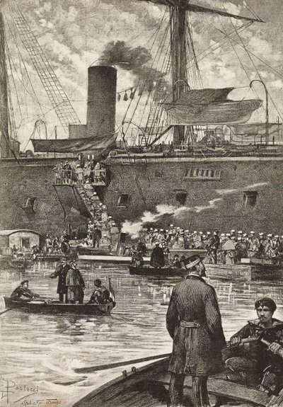 Soldats italiens embarquant sur le cuirassé Principe Amedeo, expédition italienne en mer Rouge, Naples, Italie, gravure d