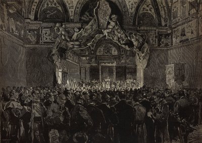 Léon XIII recevant des pèlerins français dans la salle ducal, jubilé papal, Vatican, gravure d