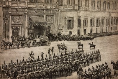 Ouverture du Parlement, arrivée du roi Umberto I à Montecitorio, Rome, Italie, gravure d