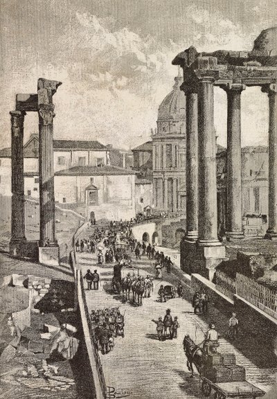 Passage par le Forum, Rome, Italie, gravure d