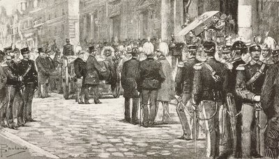 Politiciens et officiers assistant au cortège funèbre de Luigi Mezzacapo (1814-1885), homme politique et officier italien, Rome, Italie, gravure d