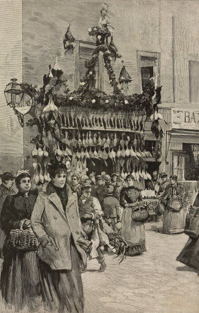 Boutique de volailles à Rome à Noël, Italie, gravure d