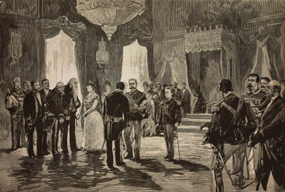 Prince de Naples, Alfonso Maria Giuseppe Alberto de Bourbon-Deux-Siciles en uniforme de sous-lieutenant, à la réception du Nouvel An au Quirinal, Italie, gravure d