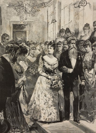 Reine Marguerite de Savoie à la fête du Club Artistique (Circolo Artistico) de Rome, accompagnée du sculpteur Giulio Monteverde, Italie, gravure d