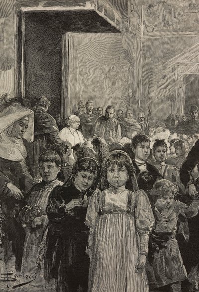 Réception des enfants aux célébrations du jubilé du Pape Léon XIII, Vatican, gravure d