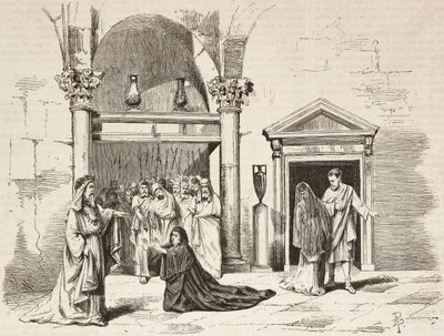 Cabinet du Souverain Pontife dans le palais, Postumia suppliant Fabio Massimo, Rome Vaincue par Alexandre Parodi, Acte V, gravure de Dante Paolocci d