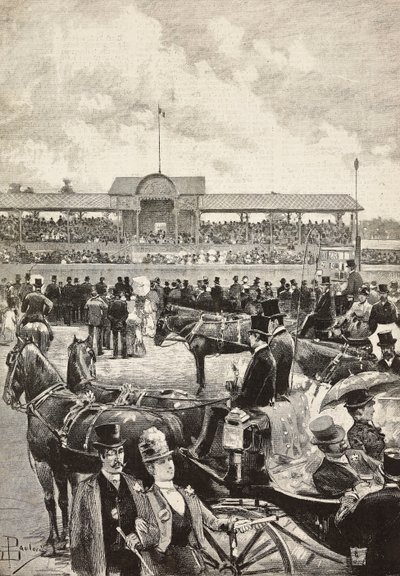 La tribune, courses de chevaux à Turin, Italie, gravure d
