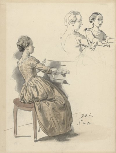 Femme chantant au clavier et deux esquisses de la même femme - David Bles