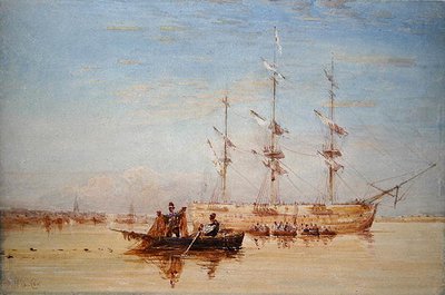Un vaisseau de guerre au mouillage sur la Tamise - David Cox