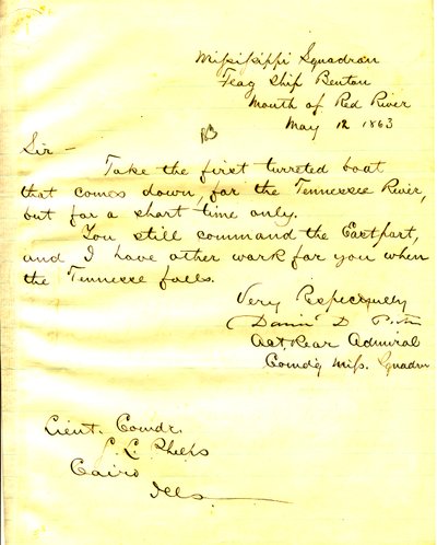 Lettre de David D. Porter, U. S. S. Benton, embouchure de la rivière Rouge, à Seth Ledyard Phelps, Le Caire, Illinois, 12 mai 1863 - David D. Porter
