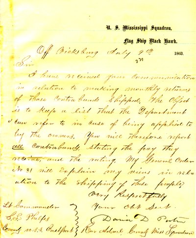 Lettre de David D. Porter, U. S. S. Black Hawk, au large de Vicksburg, à Seth Ledyard Phelps, commandant de l