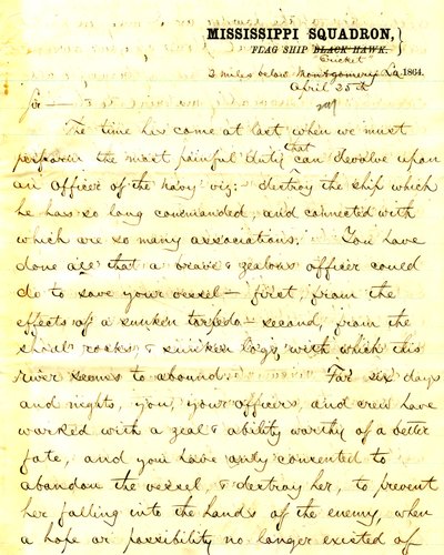 Lettre de David D. Porter, U. S. S. Cricket, 2 miles en dessous de Montgomery, Louisiane, à [Seth Ledyard] Phelps, commandant U. S. S. Eastport, 2 miles en dessous de Montgomery, Louisiane, 25 avril 1864 - David D. Porter