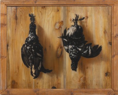 Nature morte avec deux coqs de bruyère devant une paroi de planches - David Klöcker Ehrenstrahl