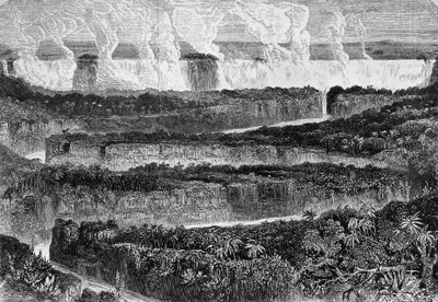 Vue des grandes cataractes du Zambèze, connues sous le nom de Mosi-oa-Tunya ou Chutes Victoria, Zambie, gravure du Récit de l