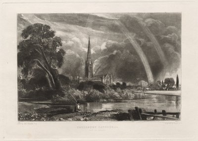 Cathédrale de Salisbury depuis les prés, petite plaque, 1855 - David Lucas