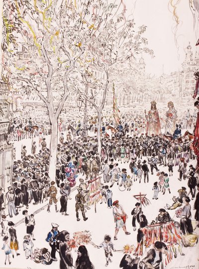 Le Drapeau de la Ville et les Géants, Procession de Corpus Christi, les Ramblas, Barcelone, 8 juin - David Muirhead Bone