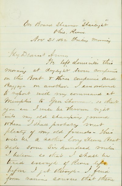 Lettre de D. P. Grier, à bord du Steamer Starlight, Ohio River, à Anna McKinney, 21 novembre 1862 - David Perkins Grier