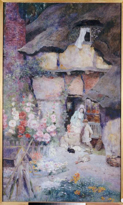 Une mère et des enfants nourrissant des lapins à la porte d