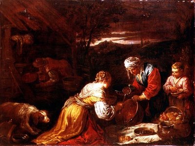 Paysans préparant de la nourriture devant une chaumière, un paysage étendu au-delà - David the Younger (attr. to) Teniers