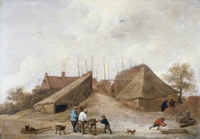 Une cour de ferme avec des personnages autour d