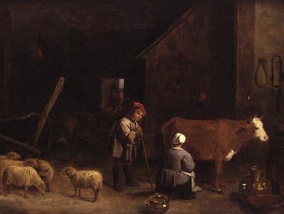 Un garçon berger parlant à une laitière dans une étable - David Teniers the Younger