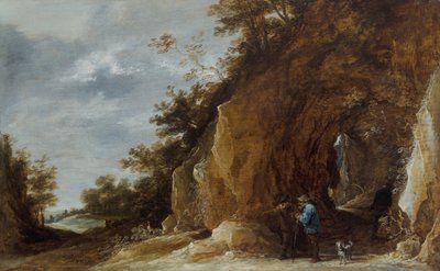 Paysans se reposant sur un chemin dans un paysage rocheux et boisé - David Teniers the Younger