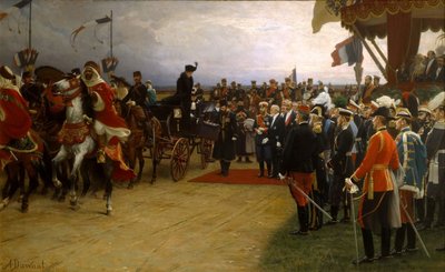 Le président Émile Loubet accueillant le tsar Nicolas II et la tsarine Alexandra aux manœuvres à Bétheny - Dawant