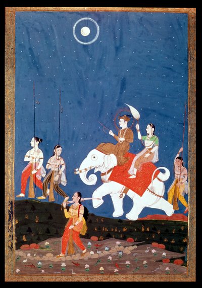Un prince indien sur un éléphant blanc, illustration du mode musical Deepak Raga, début du XIXe siècle - Deccani School