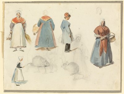 Feuille de croquis : Hommes, femmes et souris - Denis Auguste Marie Raffet